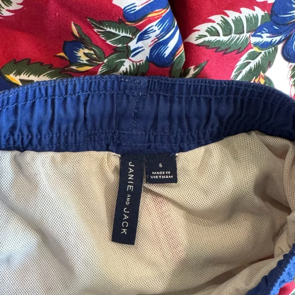 Janie and Jack Boys Size 6 Swim Trunks Red Blue Floral Hawaiian Board Shorts